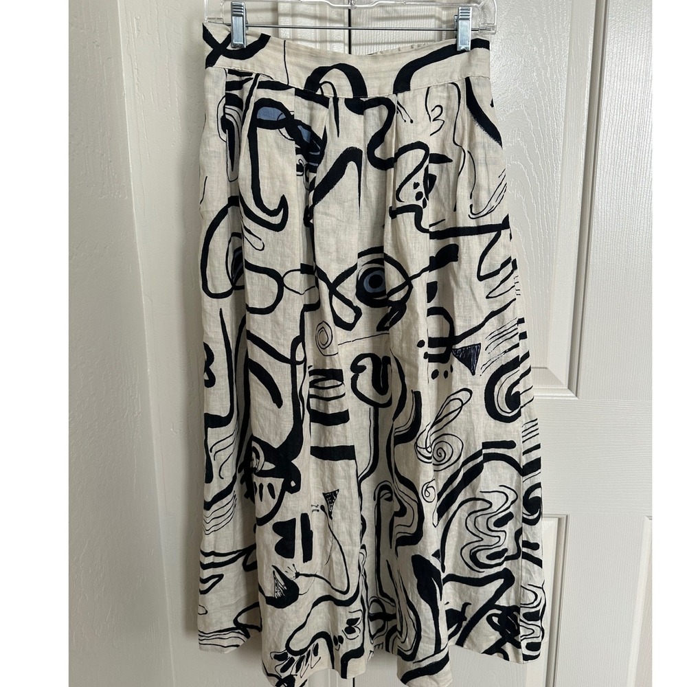 Magaschoni 100% Linen Abstract Face Print Midi Skirt Cream Black Size Small